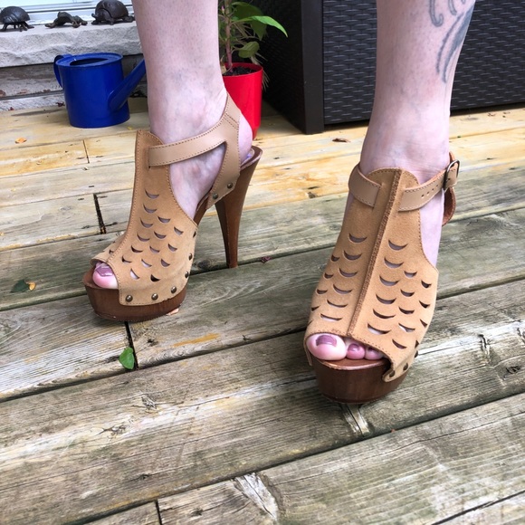 Italian Leather Platform Wood Heels Clogs Sandals - Picture 3 of 7